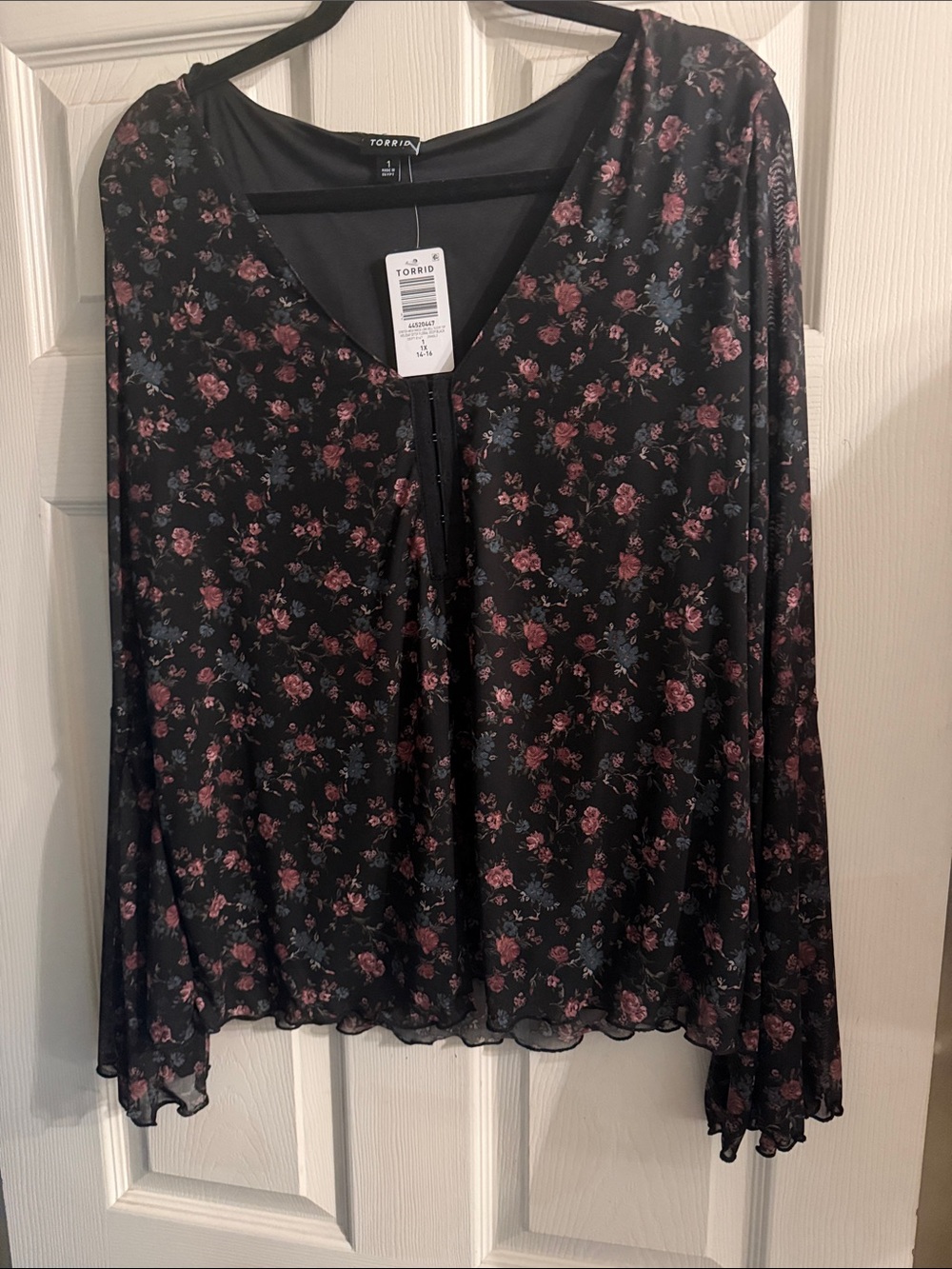 torrid Black Floral V-Neck Long Sleeve Blouse with Pink Roses
